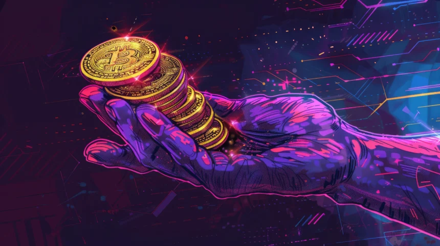 kriptovaluta, bitcoin, cyberpunk stil, ilustracija, kovanice, btc