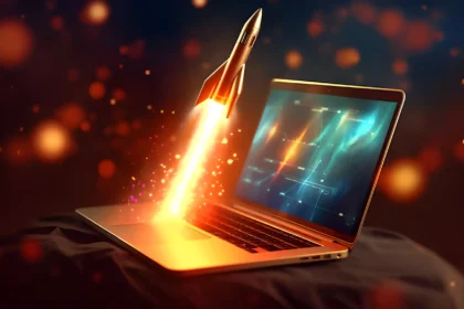 ilustracija, laptop, ai, raketa, svemir, uspon, uspjeh