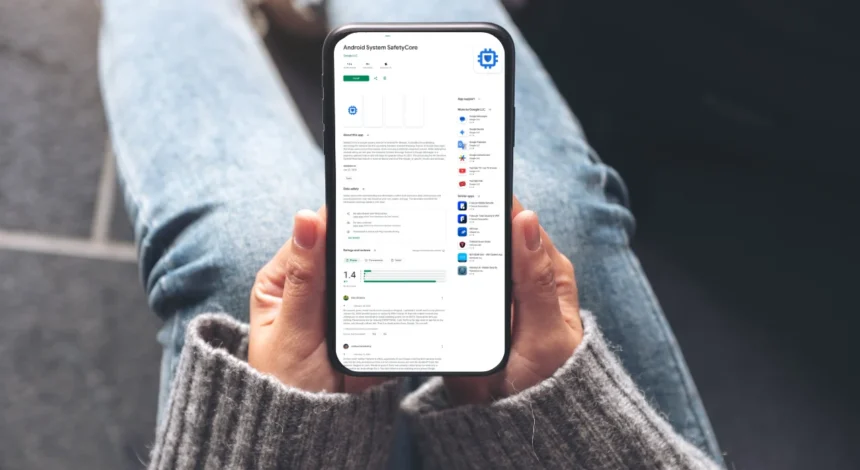 Android pametni telefon u ruci ženske osobe prikazuje Android System SafetyCore aplikaciju za zaštitu podataka od zlonamjernih napada