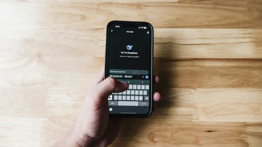 Deepseek iOS aplikacija na iPhone uređaju u ruci