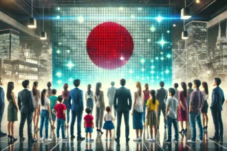 Grupa poslovnih ljudi, roditelja i djece stoji zajedno s leđa, gledajući digitalnu verziju japanske zastave na velikom ekranu.