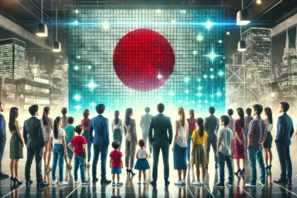 Grupa poslovnih ljudi, roditelja i djece stoji zajedno s leđa, gledajući digitalnu verziju japanske zastave na velikom ekranu.