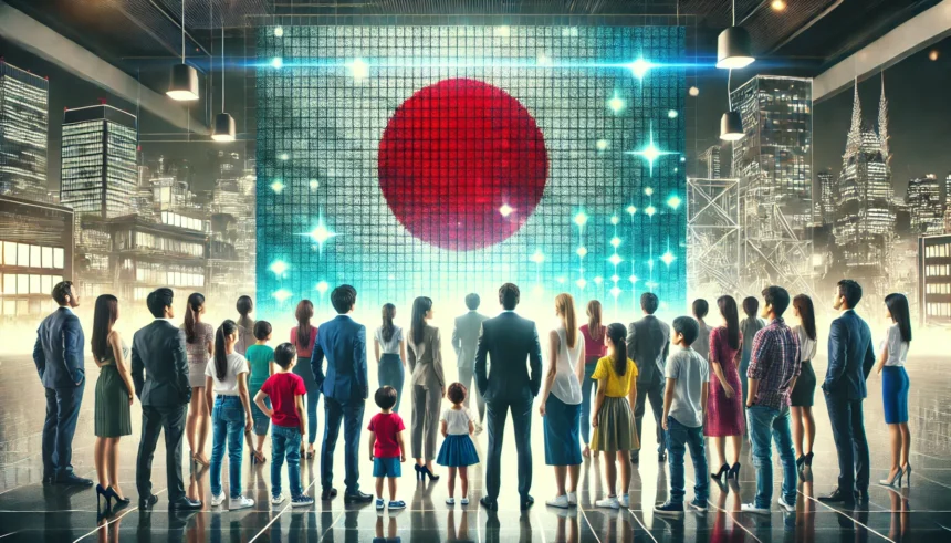Grupa poslovnih ljudi, roditelja i djece stoji zajedno s leđa, gledajući digitalnu verziju japanske zastave na velikom ekranu.