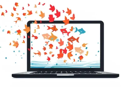 Laptop iz kojeg iskaču ribe ilustracija besplatnih programa