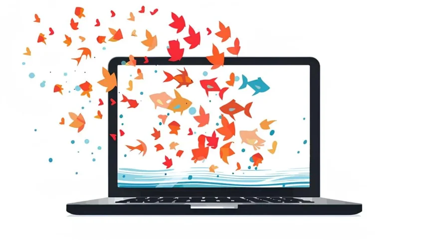 Laptop iz kojeg iskaču ribe ilustracija besplatnih programa