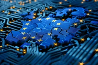 Digitalna fotografija sa zastavom Evropske unije (EU) u svijetu tehnologije