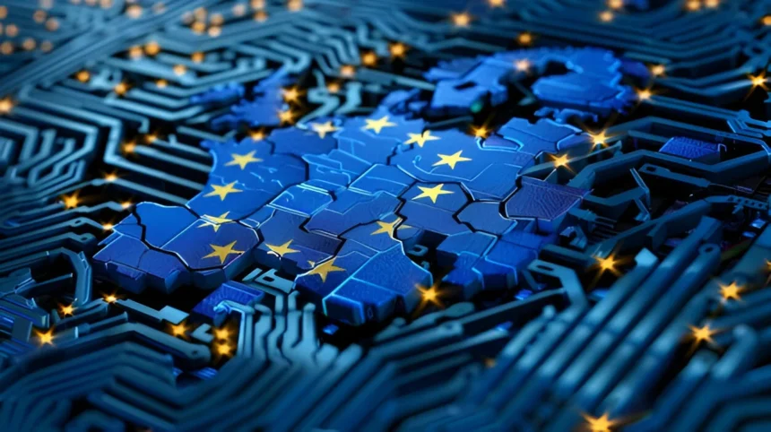 Digitalna fotografija sa zastavom Evropske unije (EU) u svijetu tehnologije