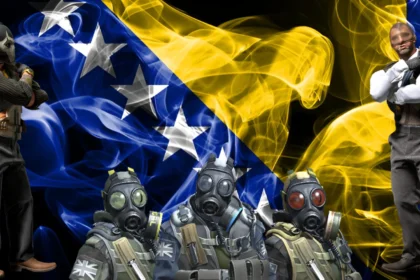 Fotografija prikazuje ilustraciju esport scene u Bosnia i Hercegovini. U pozadini je zastava Bosne i Hercegovine dok su istaknuti Counter Strike agenti naprijed