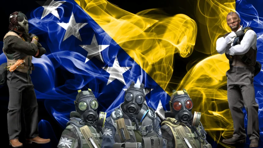 Fotografija prikazuje ilustraciju esport scene u Bosnia i Hercegovini. U pozadini je zastava Bosne i Hercegovine dok su istaknuti Counter Strike agenti naprijed