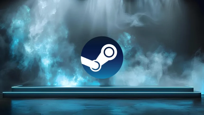 Logo platofrme Steam u dimu na podiju