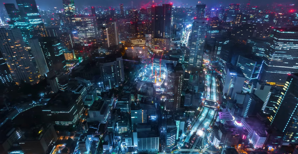 Pogled iz zraka snimljen dronom na pametni grad Tokio u Japanu