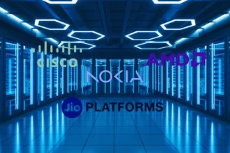 Data centar u pozadini sa digitalnim logom kompanija AMD, Cisco, Jio Platforms i Nokia