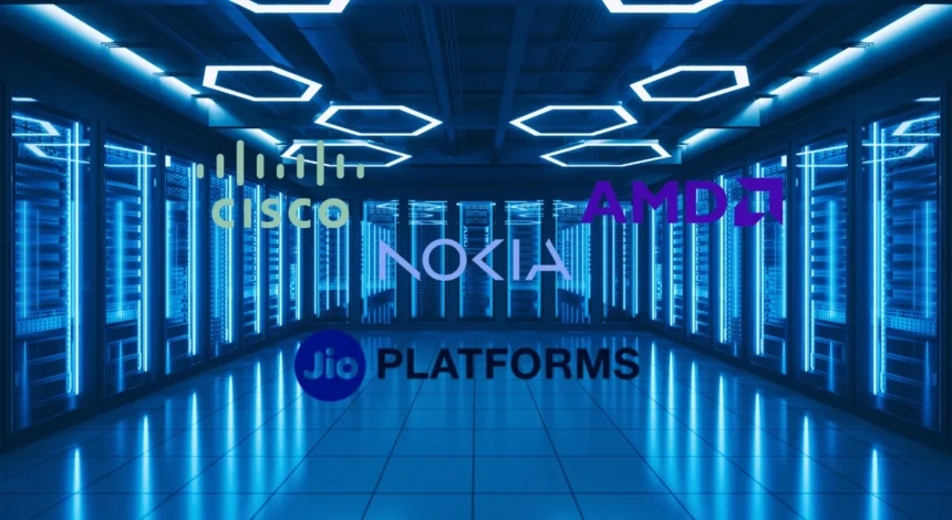 Data centar u pozadini sa digitalnim logom kompanija AMD, Cisco, Jio Platforms i Nokia