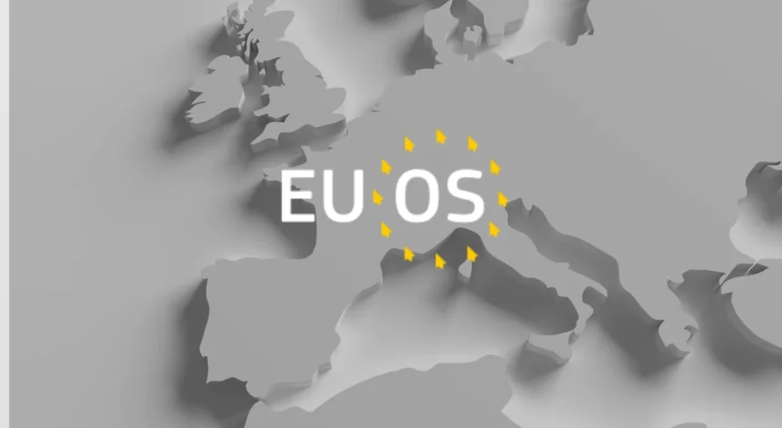 EU OS logo sa pozadinom mape Evrope u digitalnom obliku