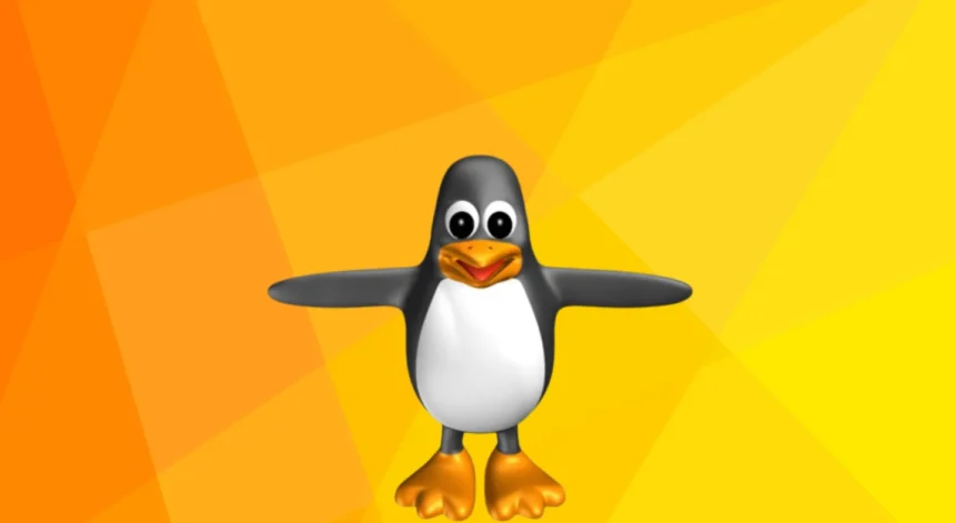 Ilustracija linux logotipa na zutoj pozadini