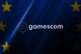 Zastava Evropske Unije i logo Gamescom gaming konferencije