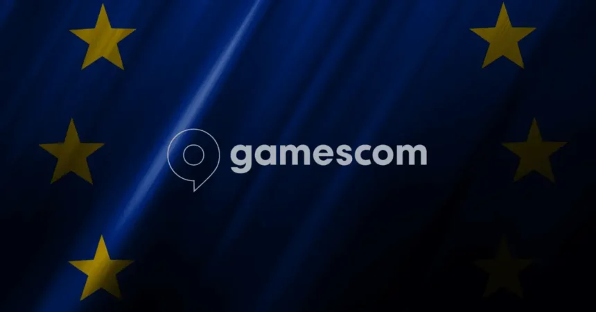 Zastava Evropske Unije i logo Gamescom gaming konferencije