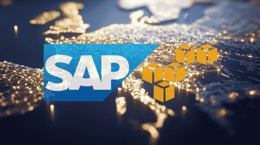SAP logo i AWS logo na pozadini digitalne mape Evrope
